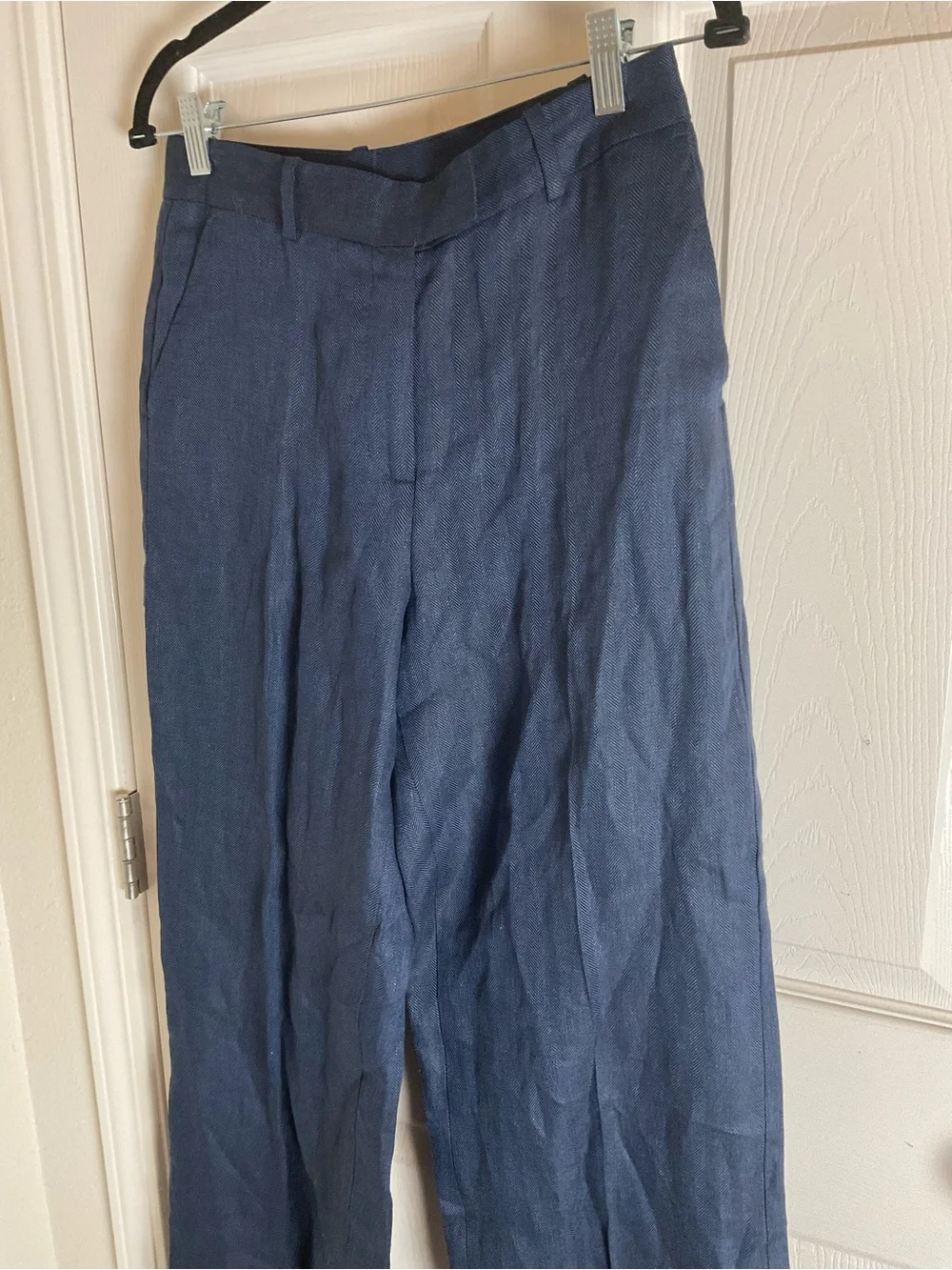 Zara Navy Blue Herringbone Linen Wide Leg Pants S